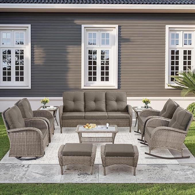 10-Piece Patio Furniture Set-Patio Rocking Chairs Set of 4 Outdoor Rattan Sofa Sets with Coffee Table Outdoor Patio - Photo 1