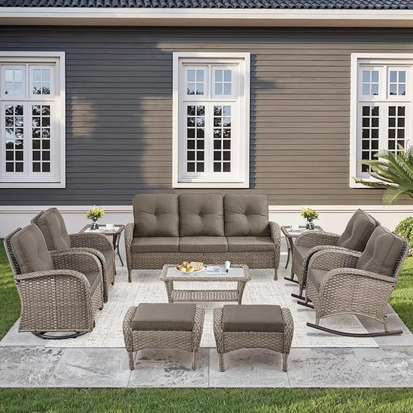 10-Piece Patio Furniture Set-Patio Rocking Chairs Set of 4 Outdoor Rattan Sofa Sets with Coffee Table Outdoor Patio - Photo 1
