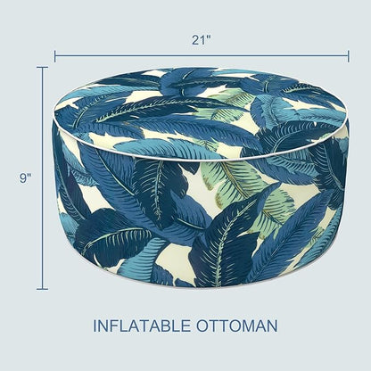 LVTXIII Indoor/Outdoor Inflatable Ottoman with Handle D21 x H9 Inch, Weather-Resistant Round Footstool Pouf for Patio Camping Living Room, Portable Footrest Extra Seating, Swaying Palms Blue