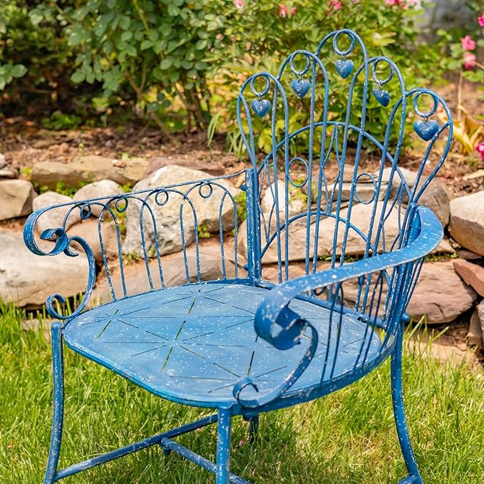 Zaer Ltd. Vintage Style Metal Patio Furniture with Heart Design Accents, Outdoor/Indoor Decor (Vintage Blue, Arm Chair) - Photo 3