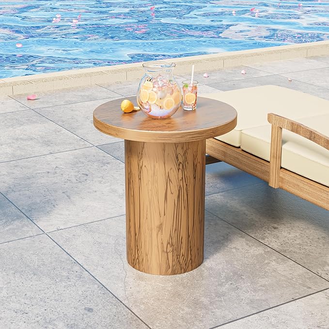 Metal Small Patio Table, Round Outdoor Side Table, Wood Color Outdoor Accent End Table, Patio Furniture, for Garden, Pool, Yard, Balcony, Living Room, Deck, Weather Resistant, No Assembly
