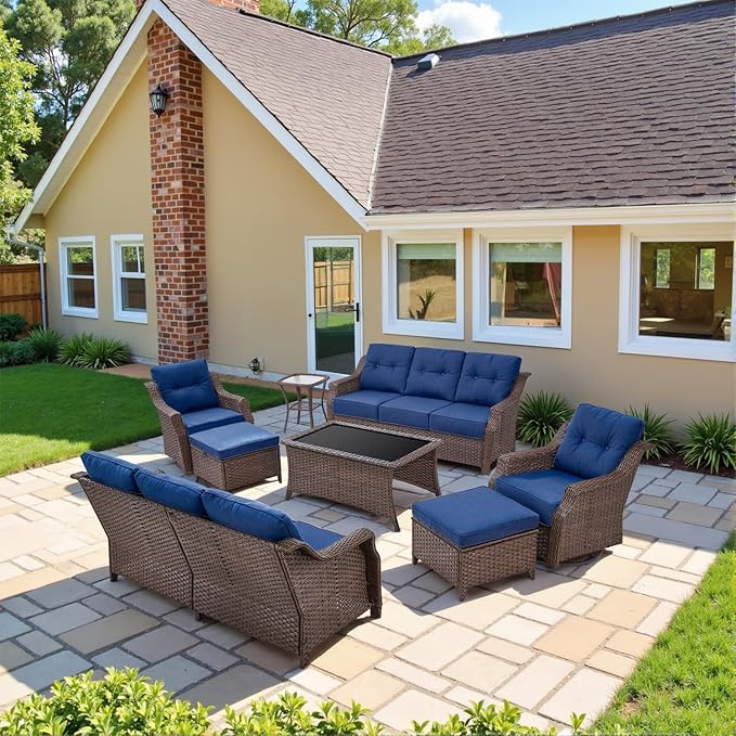 Belord High Back Wicker Outdoor Furniture - 8-Piece Patio Conversation Set with Swivel Rocker Glider Patio Chairs Set - Photo 1