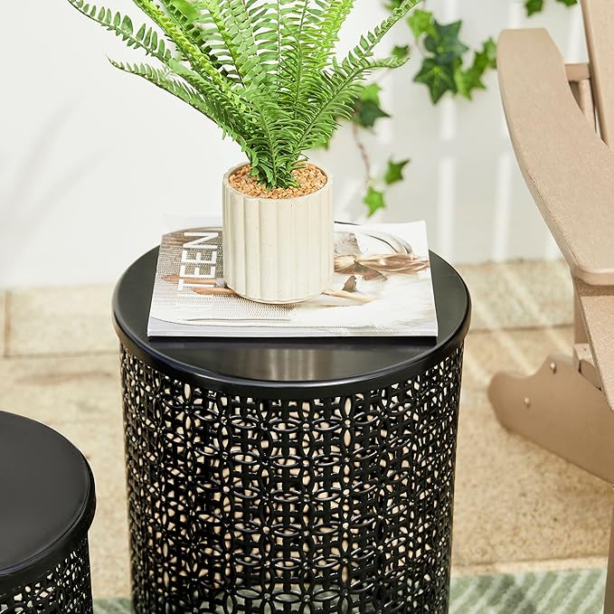 Glitzhome Outdoor Side Table Set of 2, Decorative Garden Stool for Patio Heavy Duty Metal Frame Accent Table Modern End Table, Glossy Black