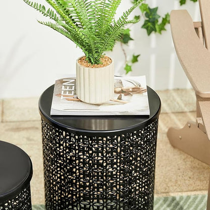 Glitzhome Outdoor Side Table Set of 2, Decorative Garden Stool for Patio Heavy Duty Metal Frame Accent Table Modern End Table, Glossy Black
