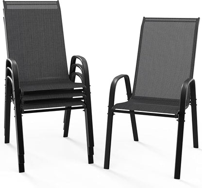 VINGLI Patio Chairs Set of 4 – Stackable Outdoor Dining Chairs with Comfortable Sling High Back Chairs and Armrests for Lawn, Poolside, Courtyard, Balcony, Garden, Black