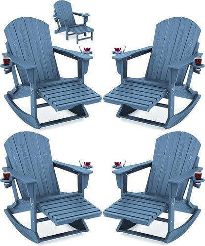 KINGYES Adirondack Rocking Chair Set of 4 with Retractable Ottoman and Cup Holders, HDPE Adirondack Rocker Patio Rocking Chair for Porch, Patio, Balcony, Deep Blue