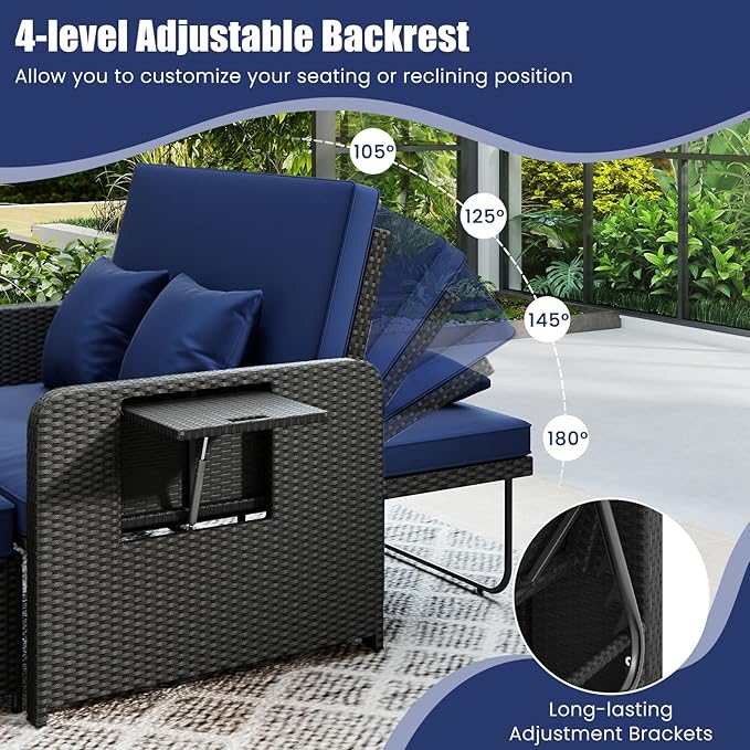 COSTWAY Patio Rattan Daybed with Cushions, Outdoor Wicker Loveseat Sofa with Storage Ottoman - Photo 4