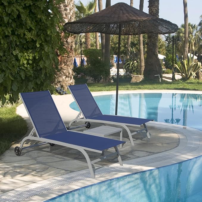 Domi Pool Lounge Chairs Set of 3, Adjustable Aluminum Outdoor Chaise Lounge with Wheels Patio Lounge Chairs with Side Table, All Weather for Deck Lawn Poolside Backyard-Navy Blue Textilene