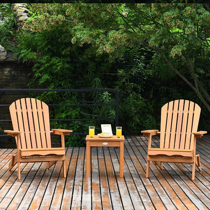 Giantex Adirondack Chair Set 3-Piece Foldable Wooden Chairs Set W/Widened Armrest, Eucalyptus Frame and Side Table Outdoor & Indoor Table Set for Patio Poolside Garden, Set of 3 Wooden Lounger Chair