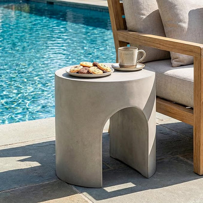 HOMPUS Outdoor Side Table w Hollow Arch, Concrete End Table, Round Patio MgO Coffee Lightweight, Modern Accent Vintage Garden Planter Stand for Indoor Outdoor Use, Grey