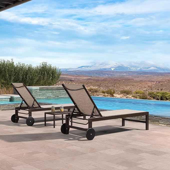 PURPLE LEAF Outdoor Chaise Lounge Chair Set of 2, Pool Lounge Chairs for Outside, Aluminum Patio Chaise Loungers with Adjustable Backrest and Wheels for Deck, Lawn, Garden, Beige