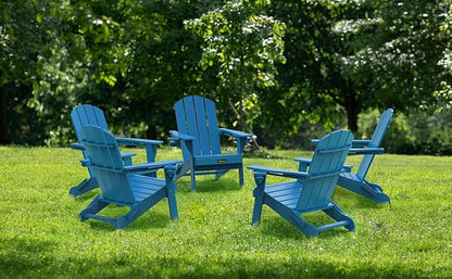Folding Adirondack Chair Set of 2, Wooden Textured Plastic Adirondack Chairs with 2 Cup Holder, Weather Resistant HDPE Fire Pit Chair, Outdoor Patio Chairs for Garden, Backyard, Lawn, Deck, Blue
