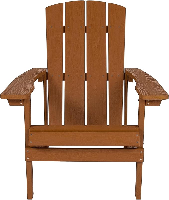 Pemberly Row Contemporary Faux Wood Adirondack Chair, Teak Finish, Weather-Resistant Polystyrene, UV Treated, 35" H x 29.5" W x 33.5" D, Outdoor Patio Chair, Rustic Relaxation Furniture