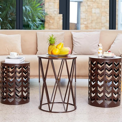 HFHOME Round Nesting Coffee Tables, Set of 3 End Tables for Living Room Balcony Office, Heavy Duty Metal Stacking Side Tables for Home Indoor - Brown