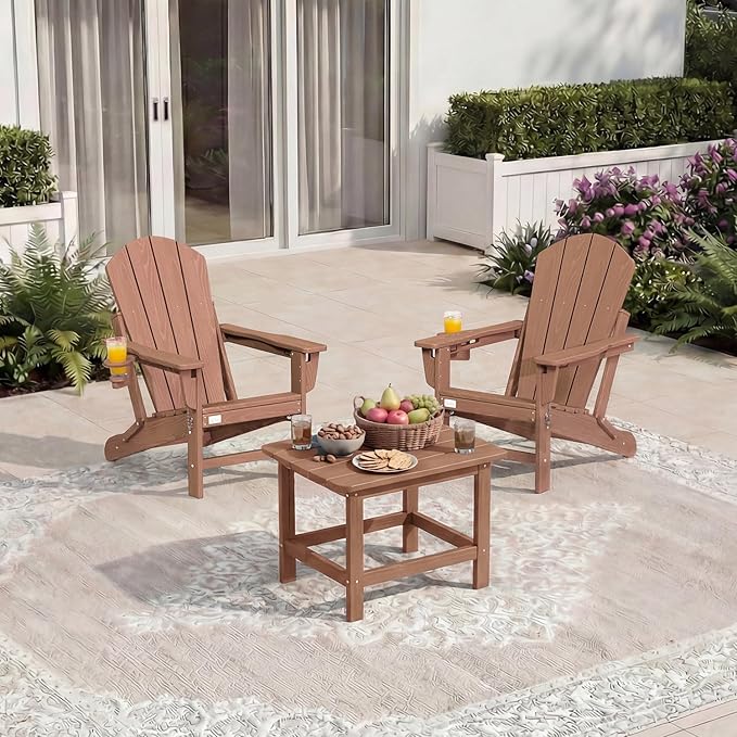 Mdeam 3-Position Adjustable Adirondack Chairs Set of 2, 400LBS Capacity, Cup Holder, Wooden Textured, All-Weather HDPE Folding Fire Pit Outdoor Chairs for Poolside Deck Patio Garden Yard Lawn - Teak