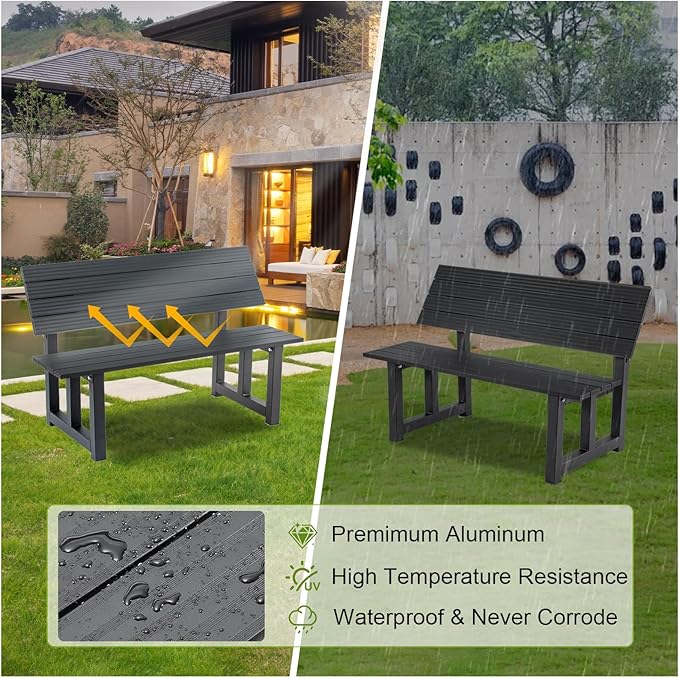 TECSPACE 47 Inches Aluminum Picnic Table Bench Black, Covertible Outdoor Bench with 400 LBS Weight Capacity for Park, Garden and Patio