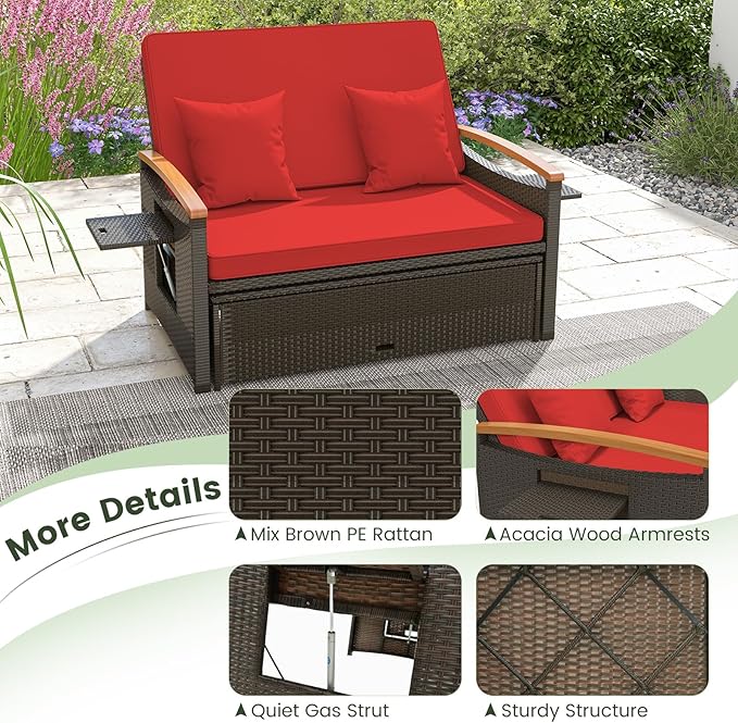 Tangkula Patio Rattan Daybed with 4-Level Adjustable Backrest, Outdoor Wicker Loveseat with Acacia Wood Armrest - Photo 7