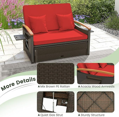 Tangkula Patio Rattan Daybed with 4-Level Adjustable Backrest, Outdoor Wicker Loveseat with Acacia Wood Armrest, Storage Ottoman & Folding Tray, Double Sunbed for Balcony, Backyard & Poolside, Red