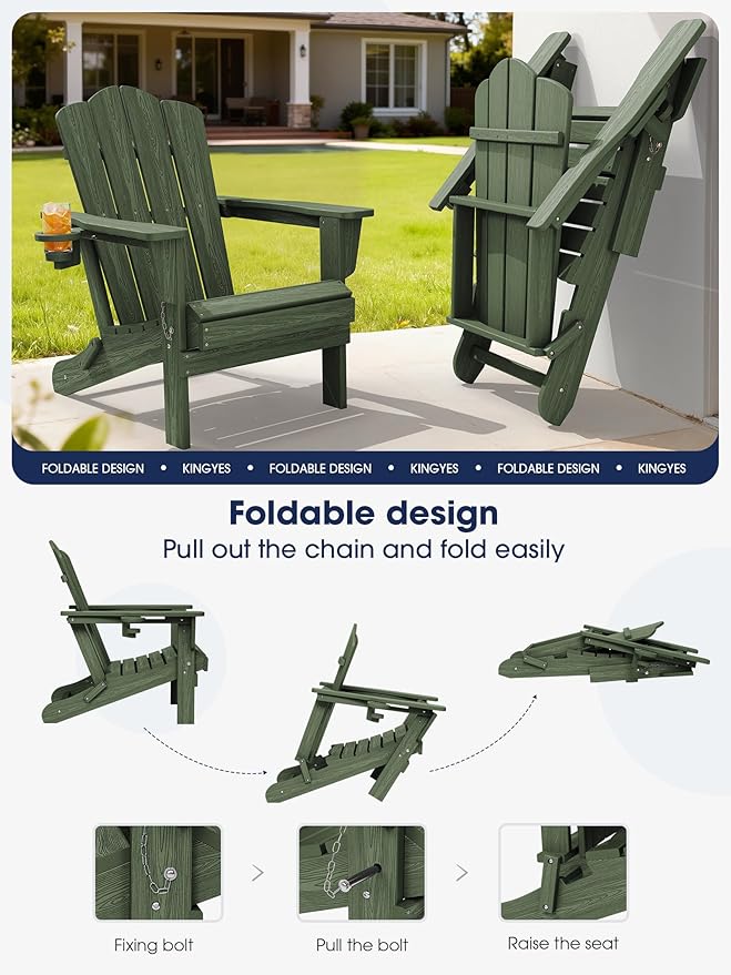 KINGYES Folding Adirondack Chair Set of 2, HDPE All-Weather Patio Chairs with Cup Holder - Photo 4