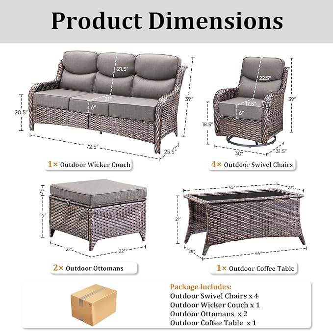 Luxury High Back Patio Furniture Set with 6-Inch Thick Cushions, 8-Pieces Outdoor Furniture with Swivel Chairs - Photo 7