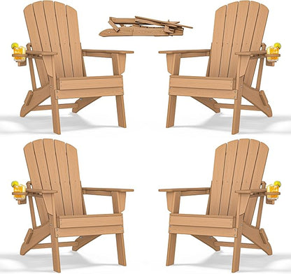 nevilywood Folding Adirondack Chair with Cup Holder Set of 4, HDPE Patio Chairs,All-Weather Outdoor Chairs for Backyard, Deck,Fire Pit-TeakBrown