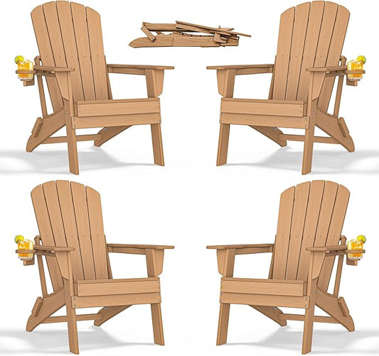 nevilywood Folding Adirondack Chair with Cup Holder Set of 4, HDPE Patio Chairs,All-Weather Outdoor Chairs for Backyard, Deck,Fire Pit-TeakBrown