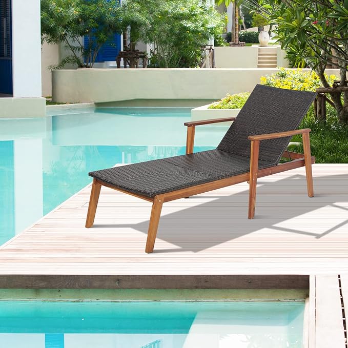 HAPPYGRILL Patio Chaise Lounge Chair, Outdoor Rattan Recliner with 4-Level Adjustable Backrest, Solid Acacia Wood Frame, Ergonomic Lounge Chair for Backyard Poolside Balcony