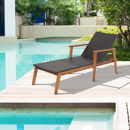 HAPPYGRILL Patio Chaise Lounge Chair, Outdoor Rattan Recliner with 4-Level Adjustable Backrest, Solid Acacia Wood Frame, Ergonomic Lounge Chair for Backyard Poolside Balcony