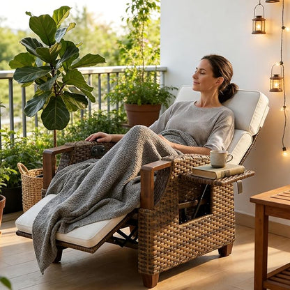 Grand patio Outdoor Recliner with Independent Adjustable Back and Footrest, Air Pump 150° Lay Flat Reclining Chair Removable Olefin Cushion Flip-Up Table Wicker Creamy White 1PC