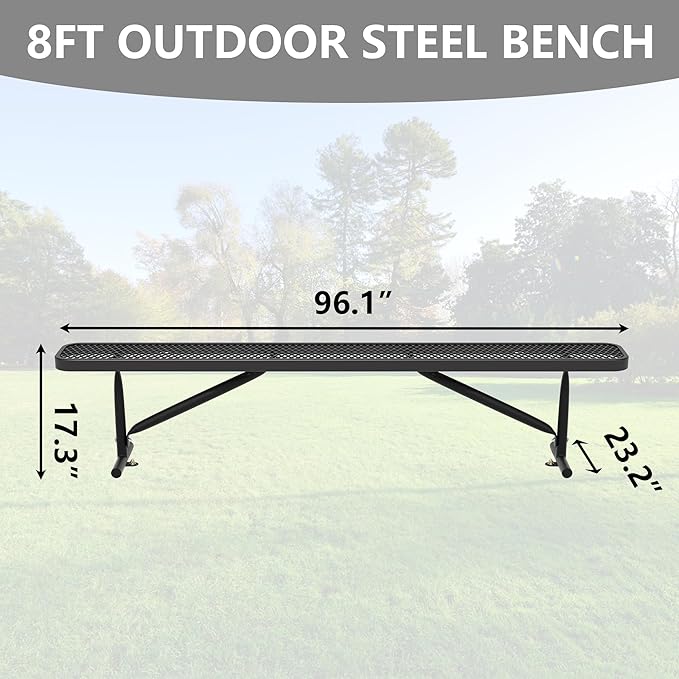 8 Feet Outdoor Steel Bench, Black Heavy Duty Metal Park Bench for Outside, Weatherproof Dock Bench, 96" L Commercial Benches Mesh Bench for Shopping Mall, Store, Lawn, Park, Patio, Deck, Garden