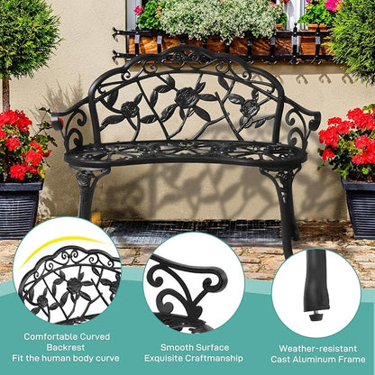Outvita Patio Garden Bench, 38" Cast Aluminum Outdoor Chair Anti-Rust Weather Resistant Patio Bench Rose Pattern Bench for Front Porch, Backyard, Lawn