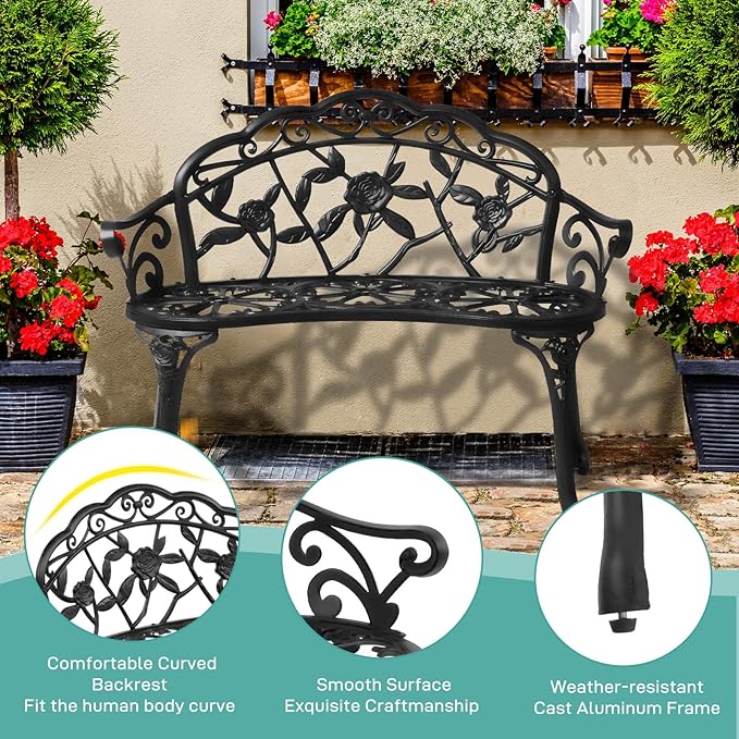Black 38.5inch Outdoor Bench, Porch Bench, Garden Bench, Cast Aluminum & Iron Bench, Outdoor Bench, Garden Bench Patio Furniture Chair Outdoor Bench,Outside Bench Patio Seating
