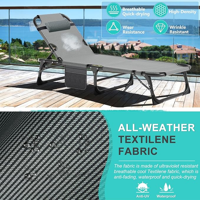 ABORON 3-in-1 Folding Patio Lounge Chair, 440LB Heavy-Duty Tri-Fold Guest Bed with Plush Cotton Cushion, No Assembly Adjustable Recliner for Office Nap, Patio Sunbathing, Poolside & Camping