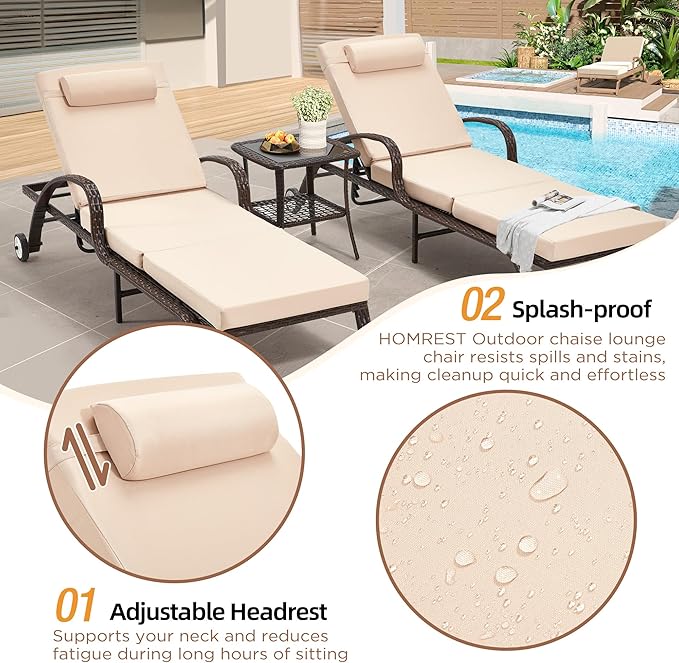HOMREST Wicker Chaise Lounge Set of 2, Pool Lounge Chair with Side Table, Outdoor Reclining Lounger Chair with Wheels 5-Level Adjustable Backrest for Poolside Deck Lawn,Khaki