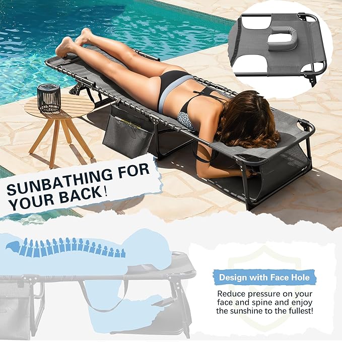 Greesum Chaise Lounge Folding Tanning Chair with 5 Position Adjustable Back, Detachable Pillow & Pocket for Outside Pool, Beach, Sunbathing, Gray w/Face Hole