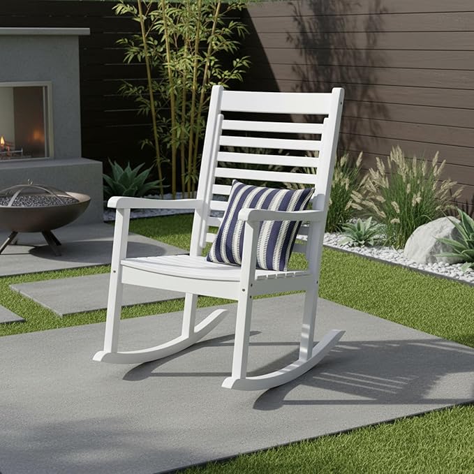 Shine Company Modern Wood Rocking Chair, Ergonomic Wide Seat Porch Rocker, White