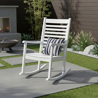 Shine Company Modern Wood Rocking Chair, Ergonomic Wide Seat Porch Rocker, White