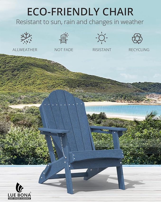 LUE BONA Folding Adirondack Chair, Chairs Set of 6, Cup Holder, Woodgrain, Fire Pit, Patio, Pool, Blue