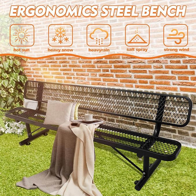 8FT Heavy-Duty Park Bench for Outside - Black Coated Outdoor Furniture Steel Bench, Commercial-Grade Outdoor Benches Weatherproof for Park, Patio, Porch (Portable with Back) (Black, 8FT)