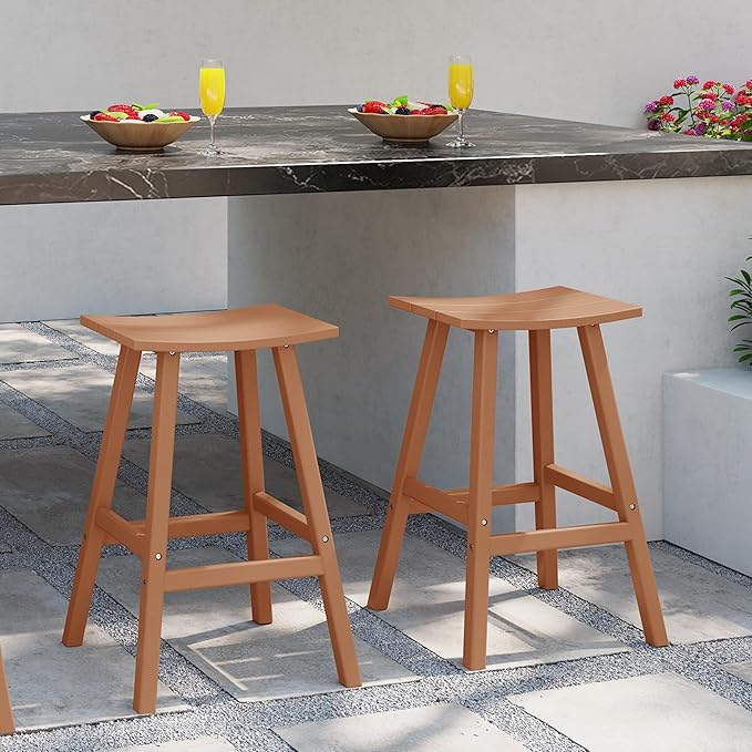 Costaelm All-Weather Bar Stools Set of 2, 29" Height Outdoor Bar Stools, Adirondack Poly Patio Bar Stool for Patio, Deck, Kitchen Counter and Garden, Teak