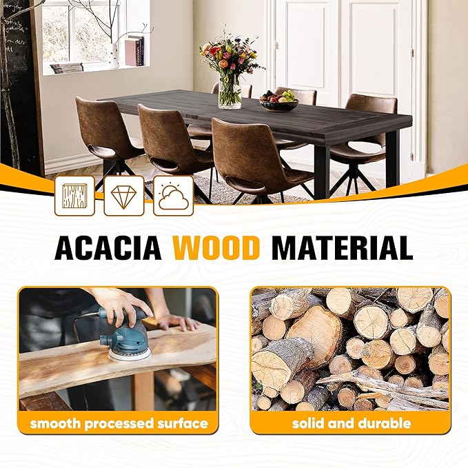 Flamaker Dining Table for 6 FSC Acacia Wood Indoor Outdoor Home Kitchen Table with Iron Legs Large Rectangular Patio - Photo 7