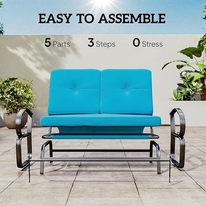 Outsunny Outdoor Glider Bench, 2-Person Patio Rocker Loveseat with Tufted Cushions, Steel Frame for Porch, Garden Backyard, Blue