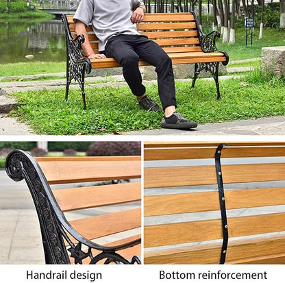 Outdoor Bench, Solid Wood Garden Bench, Metal Bench with Backrest and Armrest, Park Patio Bench for Porch, Lawn(Brown,150cm/59in)
