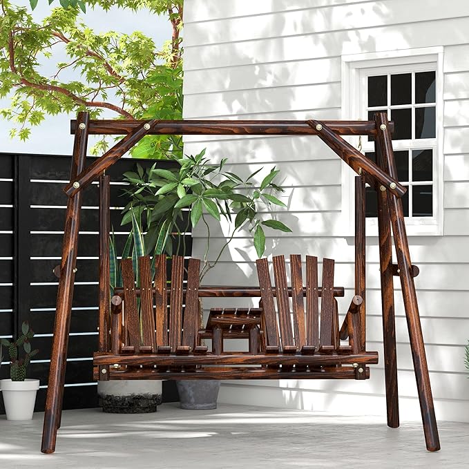 Outsunny Wooden Porch Swing with Stand, 2-Seat Patio Swing Chair with Center Table, for Garden, Poolside, Backyard - Photo 6