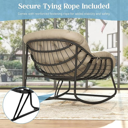 Fancyango Oversized Egg Rocking Chair for Indoor/Outdoor – All-Weather Wicker Rattan Lounge Chair with Cushion, Patio Rocker for Porch, Garden, or Balcony (Beige, 37''Dx37.4''Wx31.5''H)