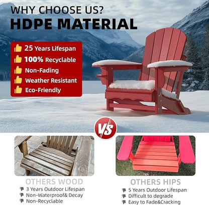 Folding Adirondack Chairs Set of 2, HDPE Fire Pit Chairs Weather Resistant, Outdoor Adirondack Chair with Cup Holder and Umbrella Hole, Wood Texture, Dark Red