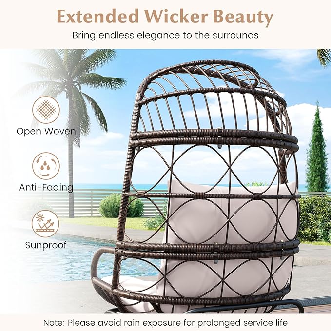 Tangkula Narrow Wicker Egg Chair Outdoor, Patio Rattan Lounge Basket with Seat & Back Cushions, Metal Indoor Outdoor Leisure Sofa Cocoon Chair for Bedroom, Backyard, Balcony, 400 lbs Max Load