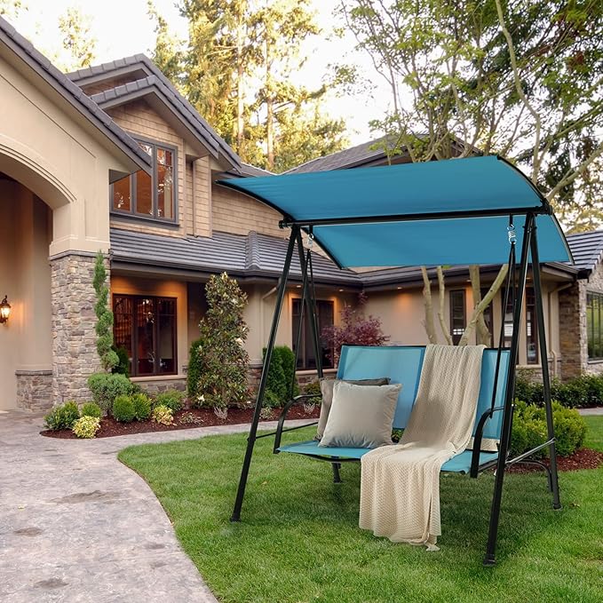 Tangkula 2 Person Porch Swing, Patio Swing with Adjustable Canopy, Comfortable Fabric Seat & Heavy-Duty Steel Frame - Photo 2