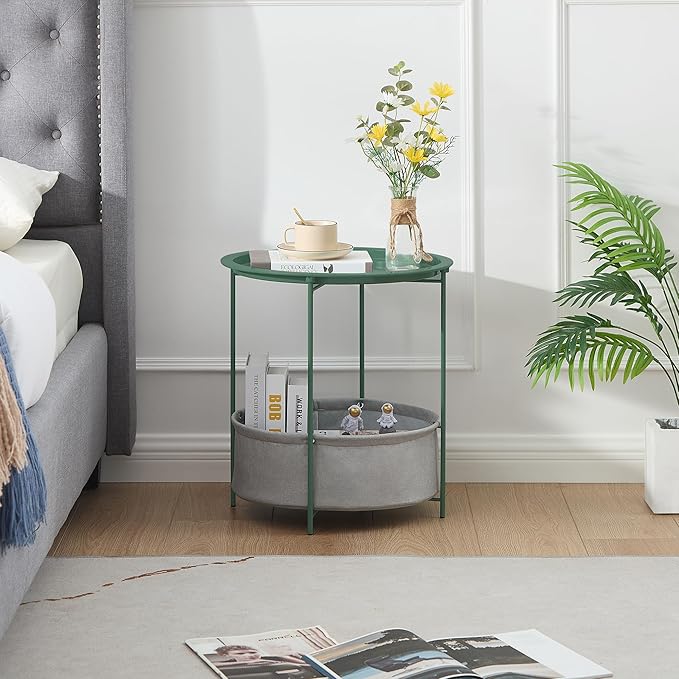 VECELO Round Side/End Table with Fabric Storage Basket，Metal Anti-Rust and Waterproof Small Bedside Nightstand with - Photo 7