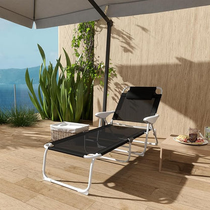 Outsunny Folding Lounge Chair, Portable Outdoor Chaise Lounge, Sun Tanning Chair with 4-Position Reclining Back, Armrests, Metal Frame and Mesh Fabric for Beach, Yard, Patio, Black